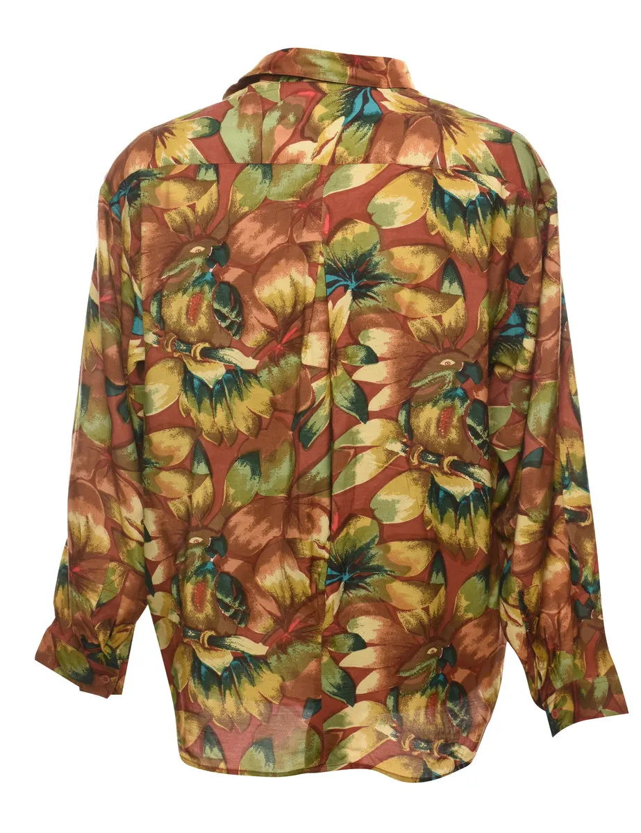 1990s Brown & Green Floral Shirt - L