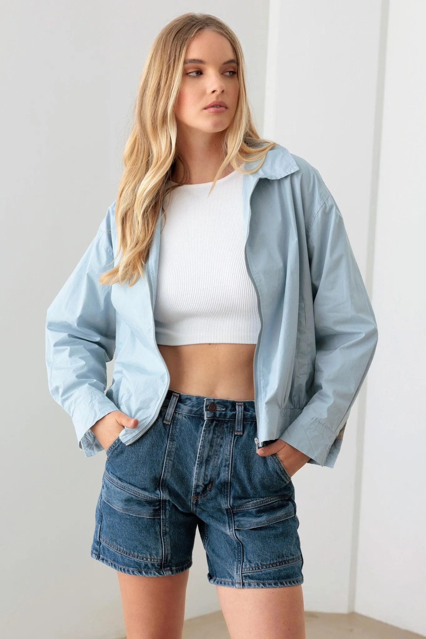 Baby Blue 100% Cotton Zip Up Collared Boxy Jacket