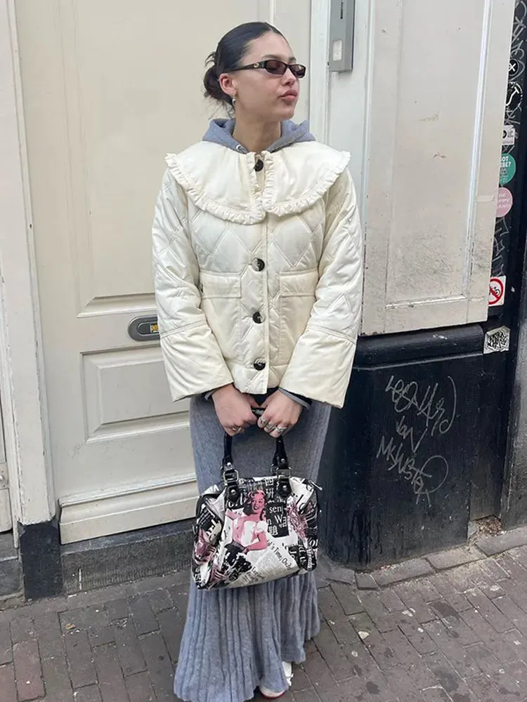 Back To School Joskaa Women Elegant White Ruffled Lapel Cotton Coat Fashion Single Breasted Long Sleeve Warm Jacket Autumn/winter New Lady Short Coats