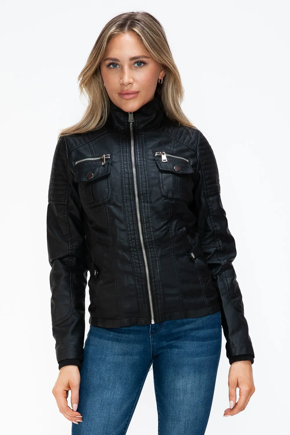 Black Multi-Pocket Vegan Leather Jacket