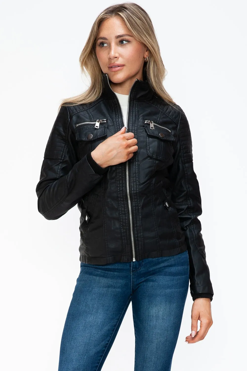 Black Multi-Pocket Vegan Leather Jacket