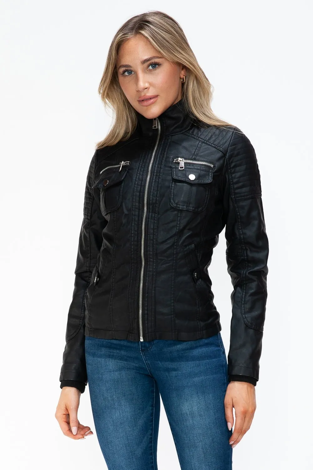 Black Multi-Pocket Vegan Leather Jacket