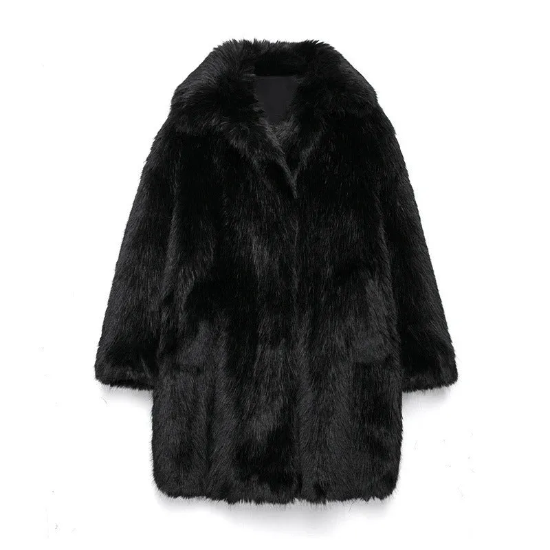 Black Thick Faux Fur Coats Women Vintage Loose Lapel Single-breasted Plush Coat Fashion Female Winter Versatile Warm Streetwear