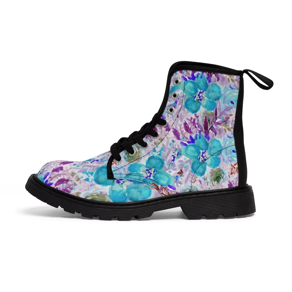 Blue Floral Women's Canvas Boots, Lace-Up Hiking Fashion Combat Boots Shoes(US Size 6.5-11)