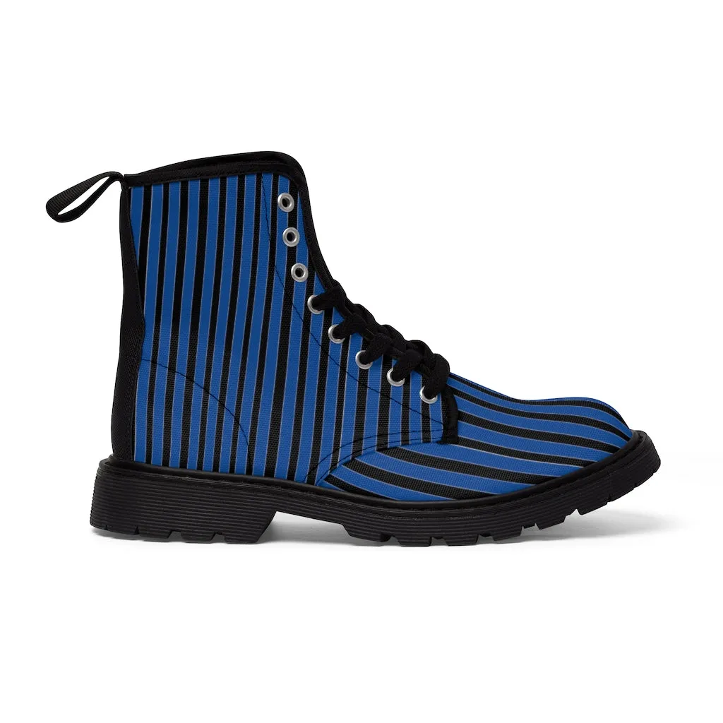 Blue Stripes Print Men's Boots, Black Striped Best Hiking Winter Boots Laced Up Shoes For Men