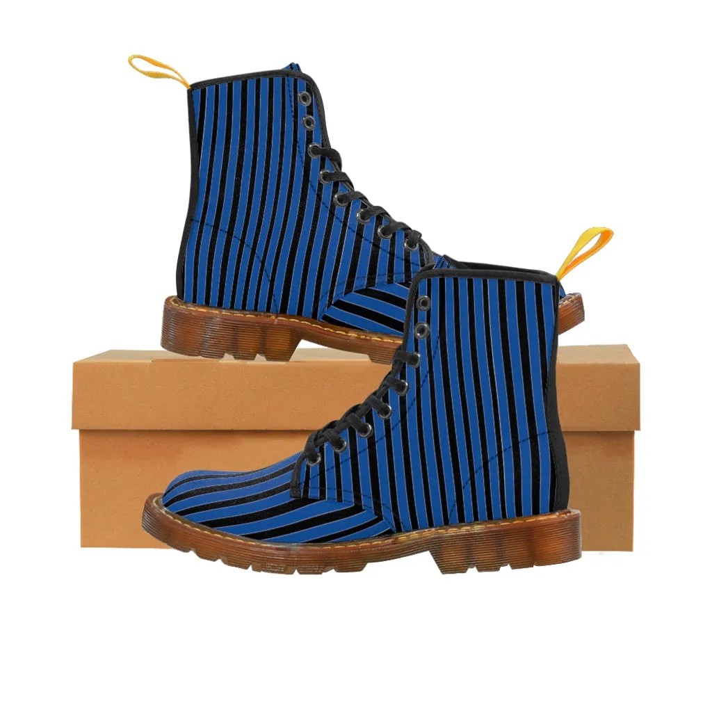 Blue Stripes Print Men's Boots, Black Striped Best Hiking Winter Boots Laced Up Shoes For Men