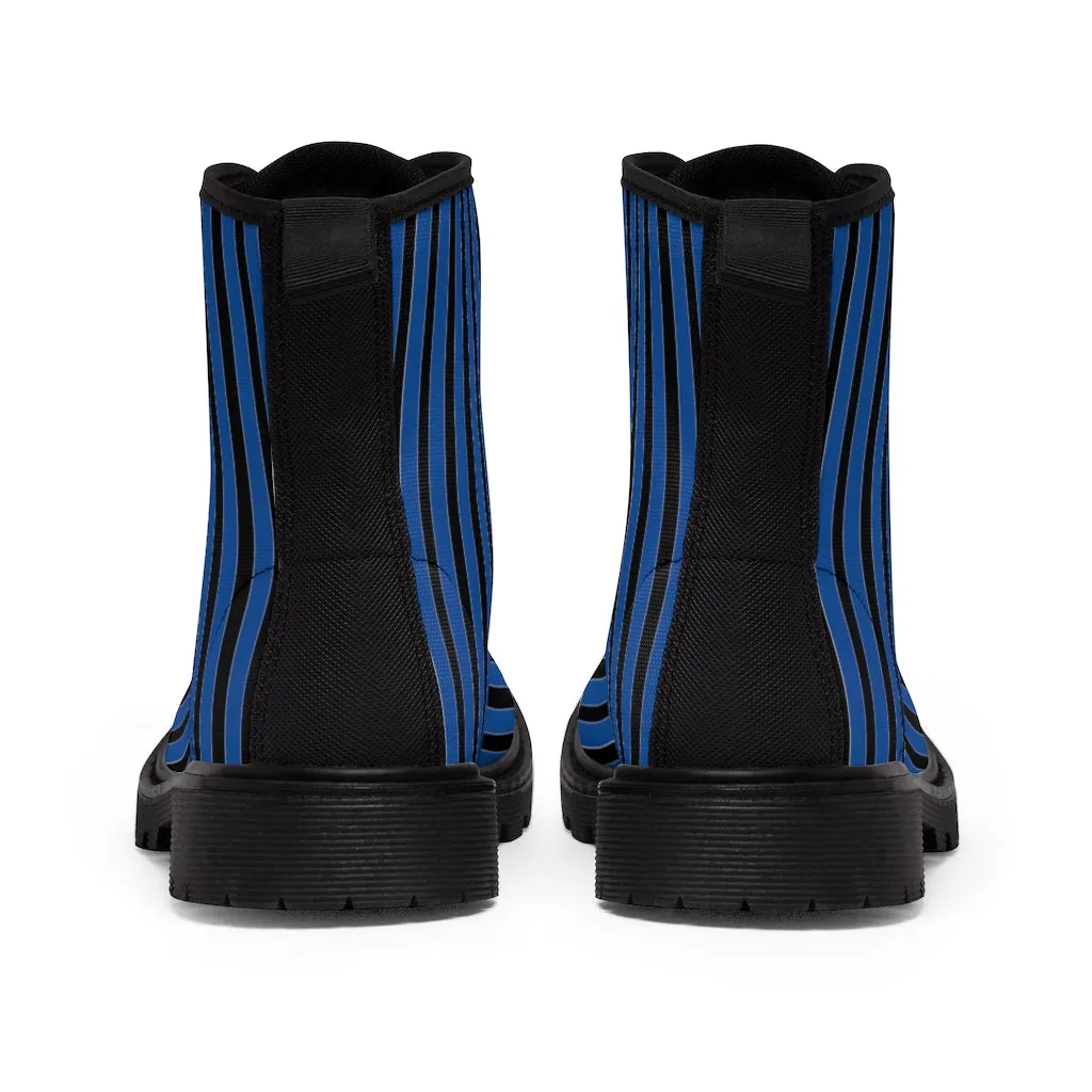 Blue Stripes Print Men's Boots, Black Striped Best Hiking Winter Boots Laced Up Shoes For Men