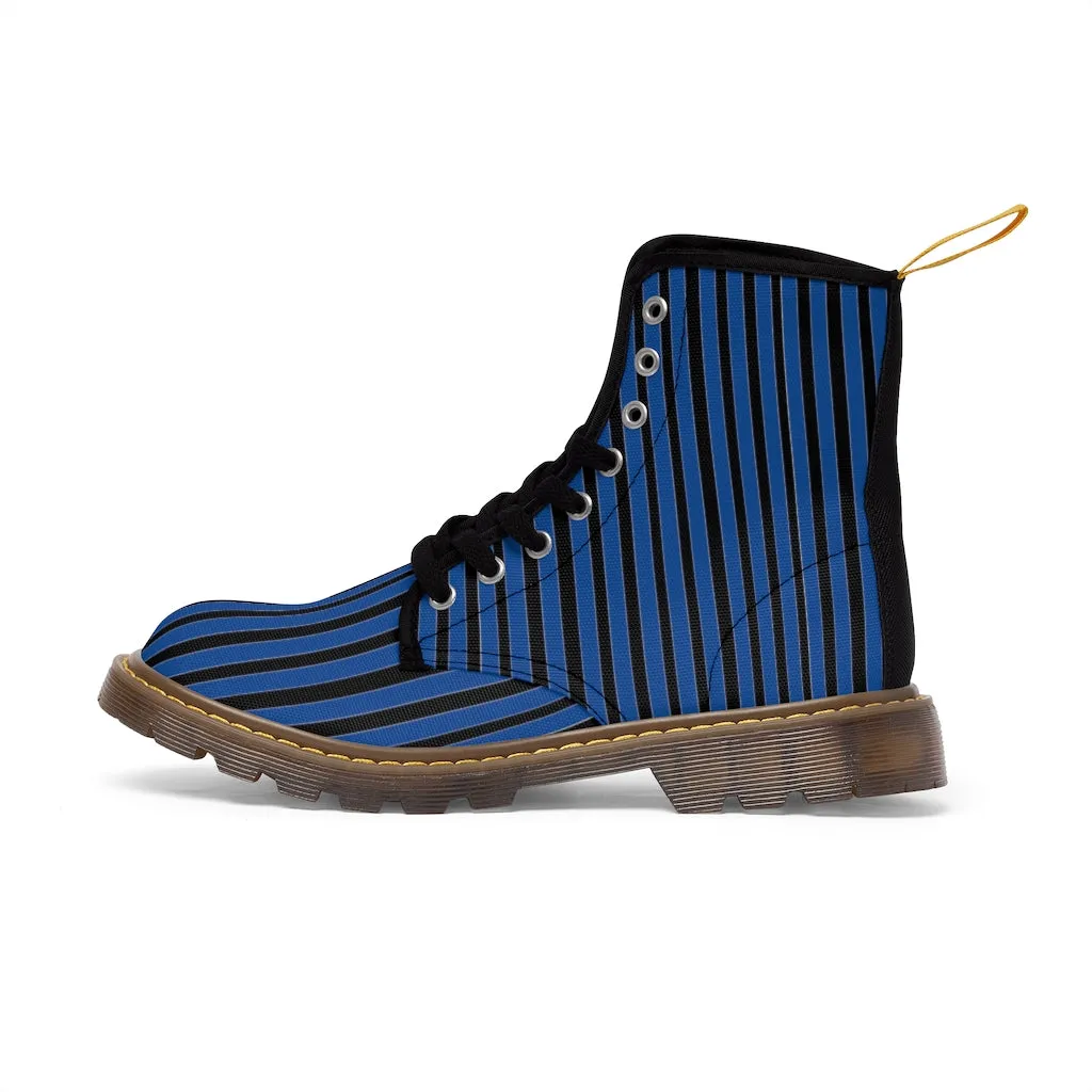 Blue Stripes Print Men's Boots, Black Striped Best Hiking Winter Boots Laced Up Shoes For Men