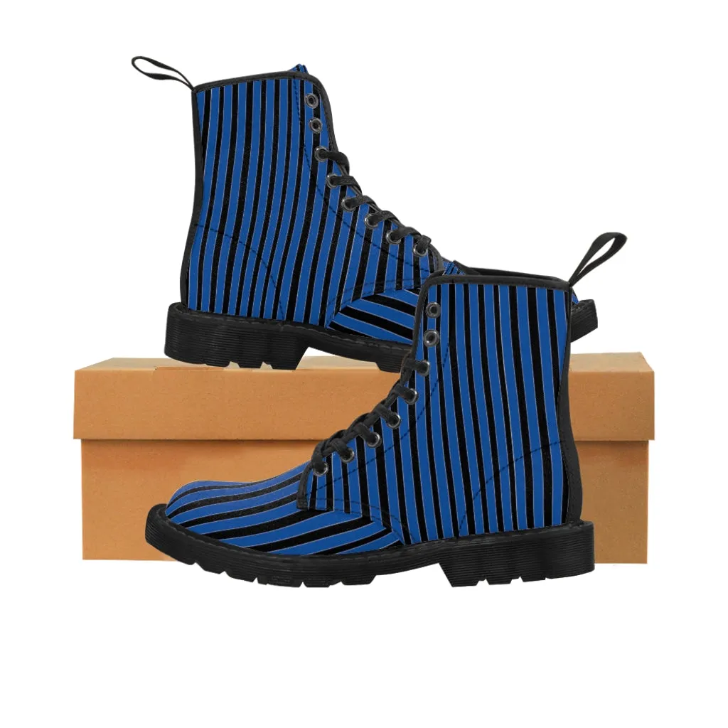 Blue Stripes Print Men's Boots, Black Striped Best Hiking Winter Boots Laced Up Shoes For Men