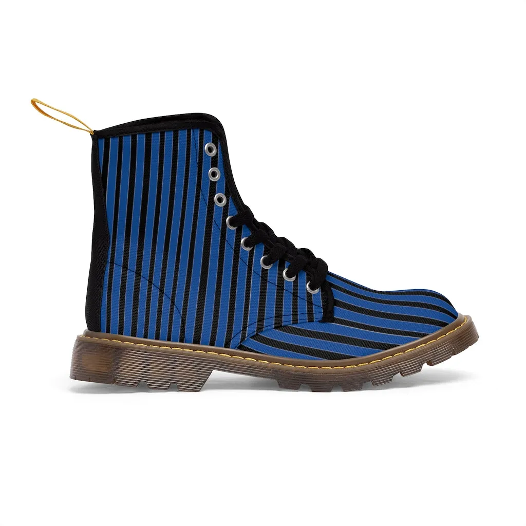 Blue Stripes Print Men's Boots, Black Striped Best Hiking Winter Boots Laced Up Shoes For Men