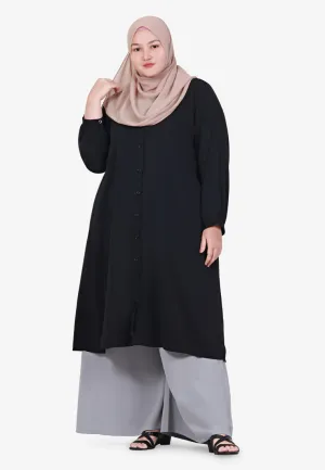 Breezie V-Neck Button Long Blouse - Black