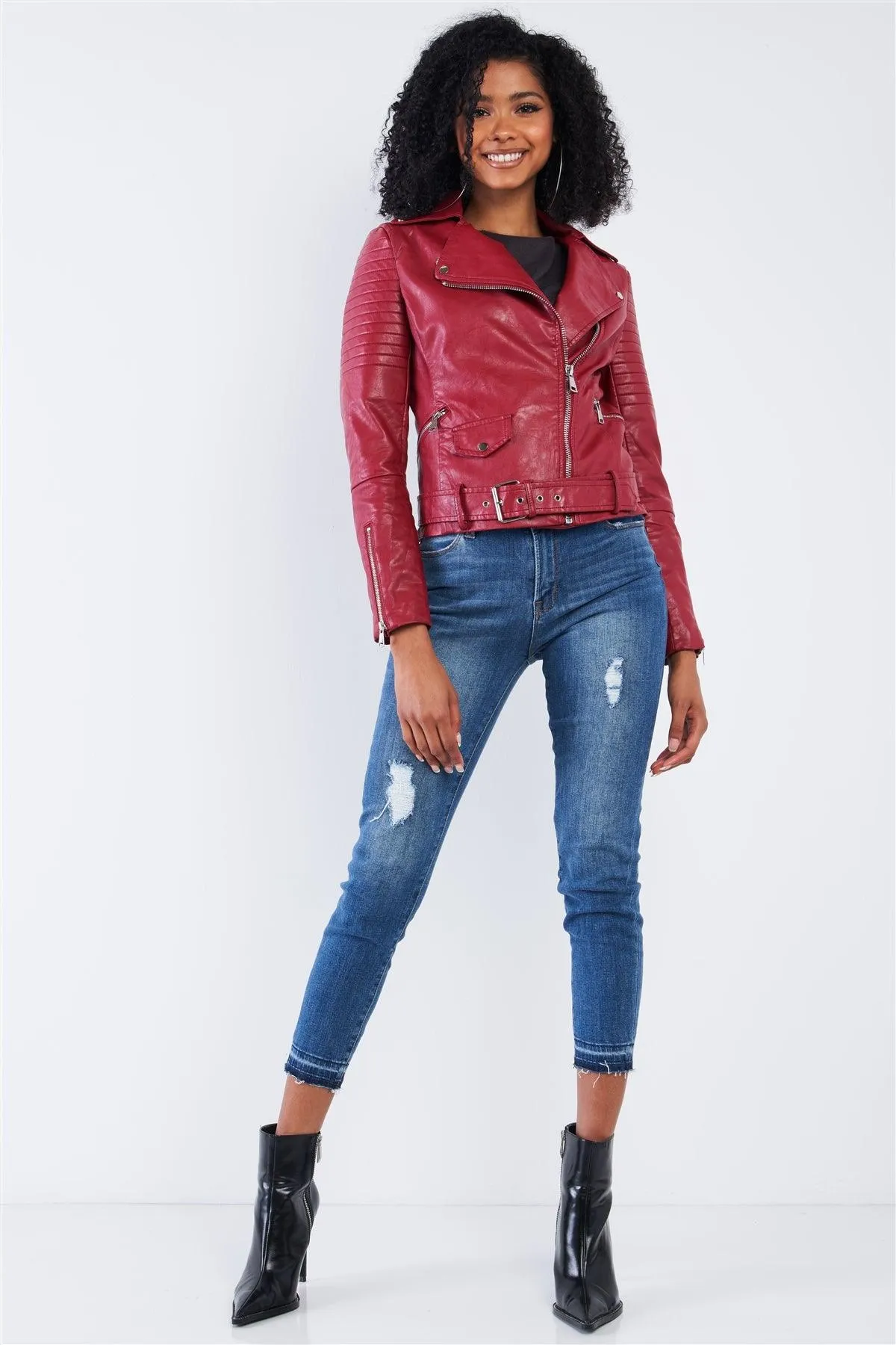 Burgundy Vegan Leather Oblique Zipper Ribbed Shoulder Belted Cropped Moto Jacket /2-2-2