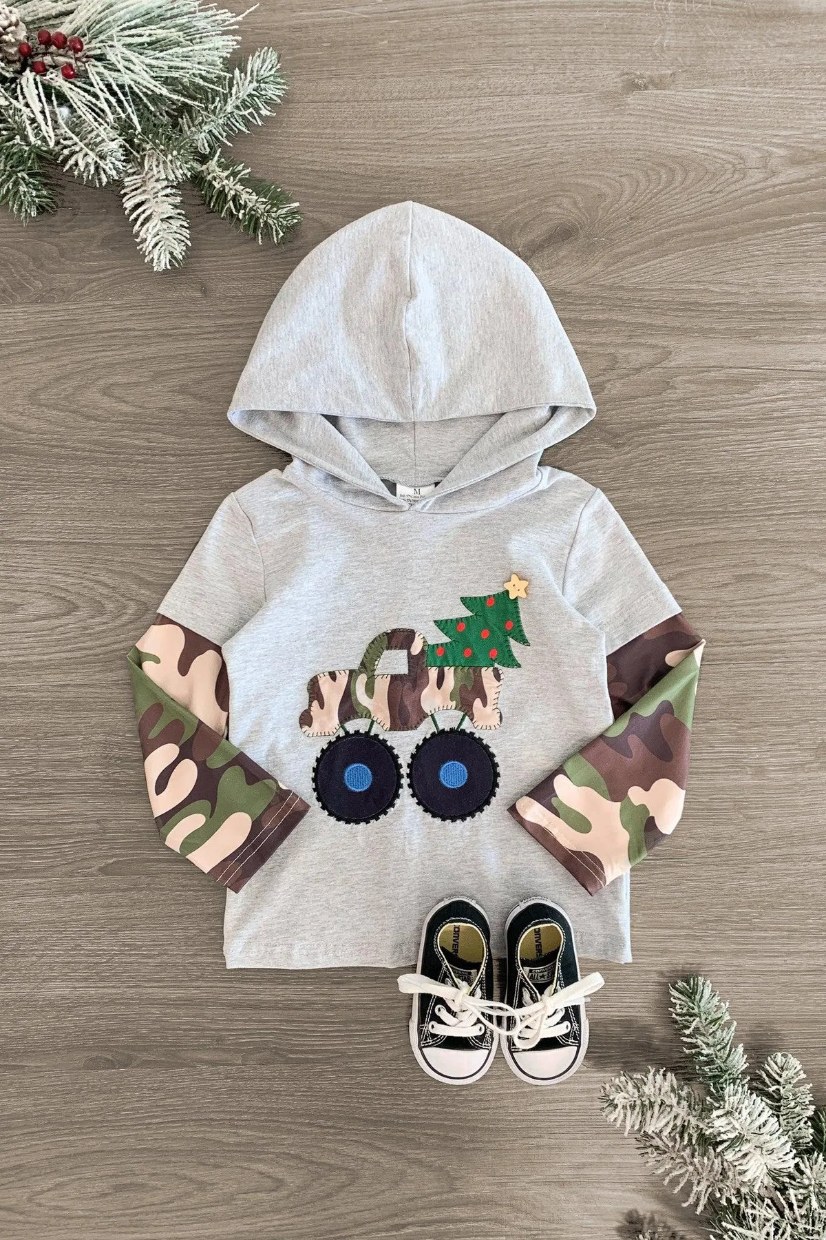 Camo Christmas Hooded Long Sleeve Top