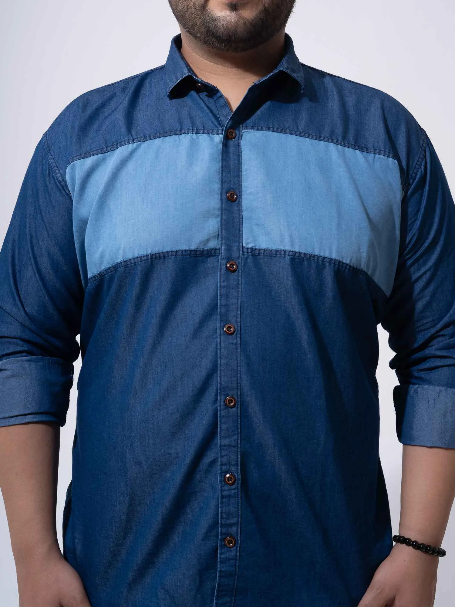 Classic Colour Block Denim Cotton Plus Size Shirt