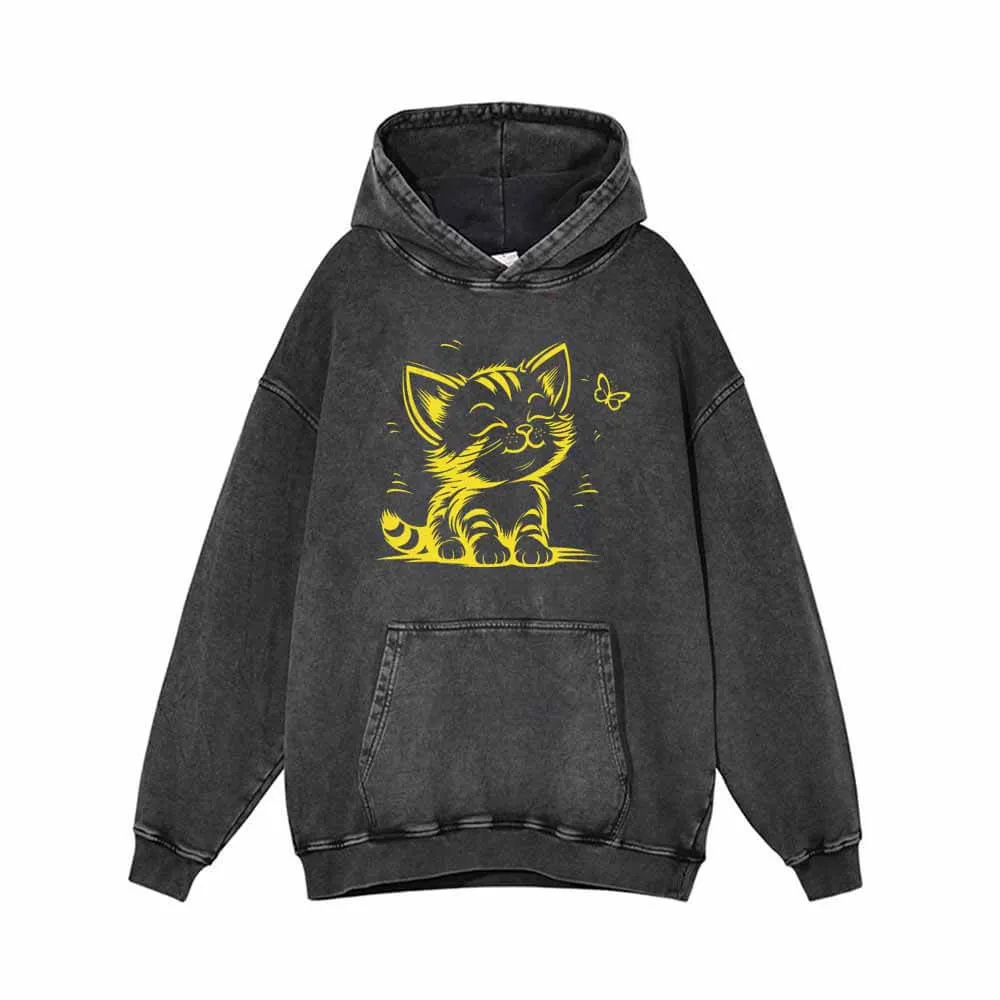 Cute Kitten With Butterfly Vintage Washed Hoodie