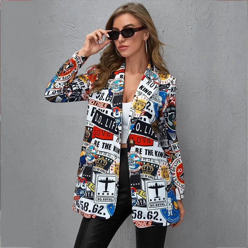 Fashion Trend Women Lapel Cartoons Print Long Sleeves Suit Jacket Elegant Spring Summ Office Lady Coat Casual US Style Wear