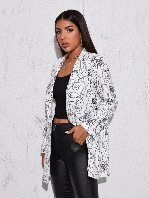 Fashion Trend Women Lapel Cartoons Print Long Sleeves Suit Jacket Elegant Spring Summ Office Lady Coat Casual US Style Wear