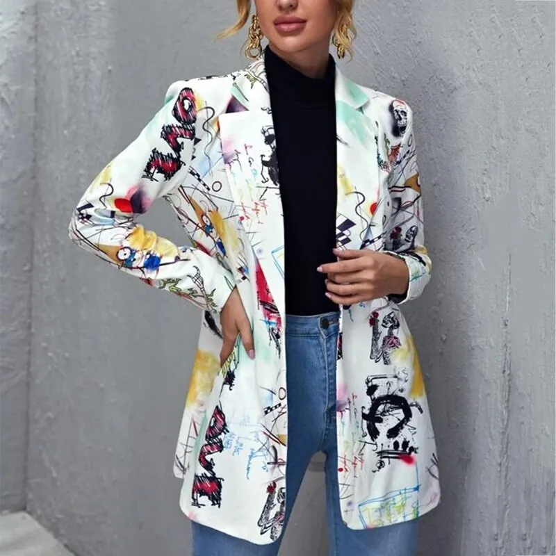 Fashion Trend Women Lapel Cartoons Print Long Sleeves Suit Jacket Elegant Spring Summ Office Lady Coat Casual US Style Wear