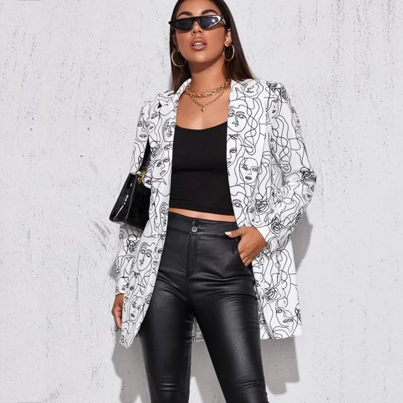 Fashion Trend Women Lapel Cartoons Print Long Sleeves Suit Jacket Elegant Spring Summ Office Lady Coat Casual US Style Wear