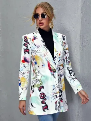 Fashion Trend Women Lapel Cartoons Print Long Sleeves Suit Jacket Elegant Spring Summ Office Lady Coat Casual US Style Wear