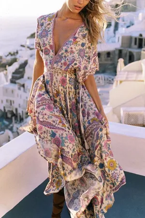 Floral Print V Neck Maxi Dress