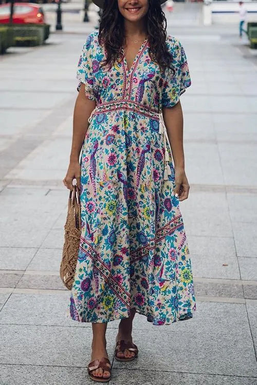 Floral Print V Neck Maxi Dress