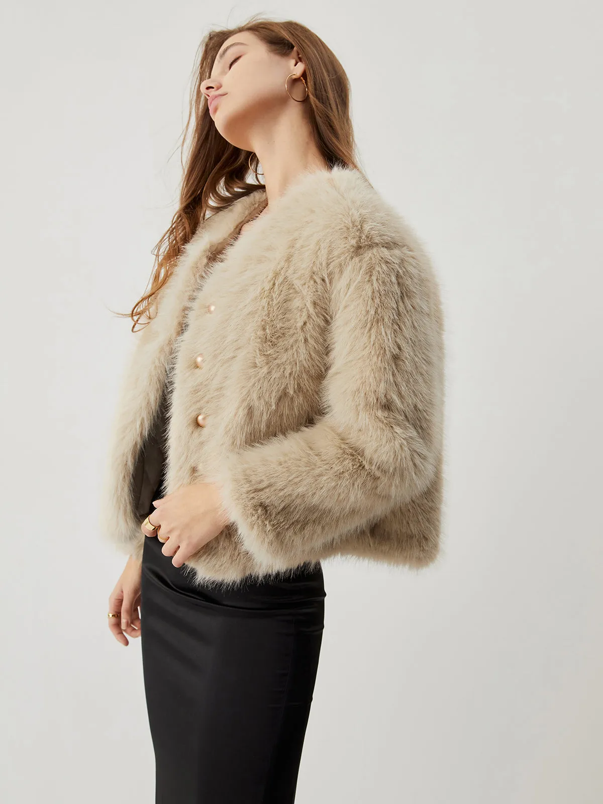 Fuzzy Faux Graceful Fur Buttoned Coat