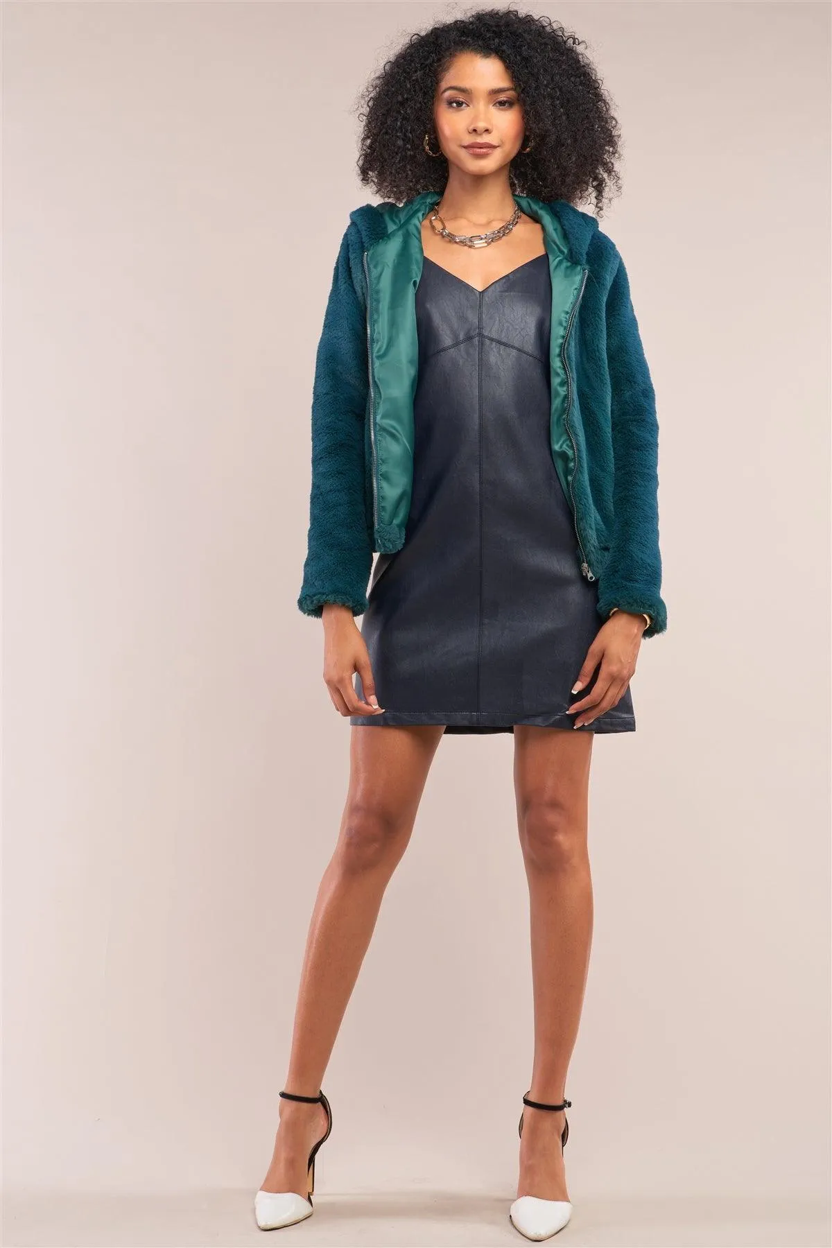 Green Soft Faux Fur Hooded Zip-Up Jacket /2-2-2