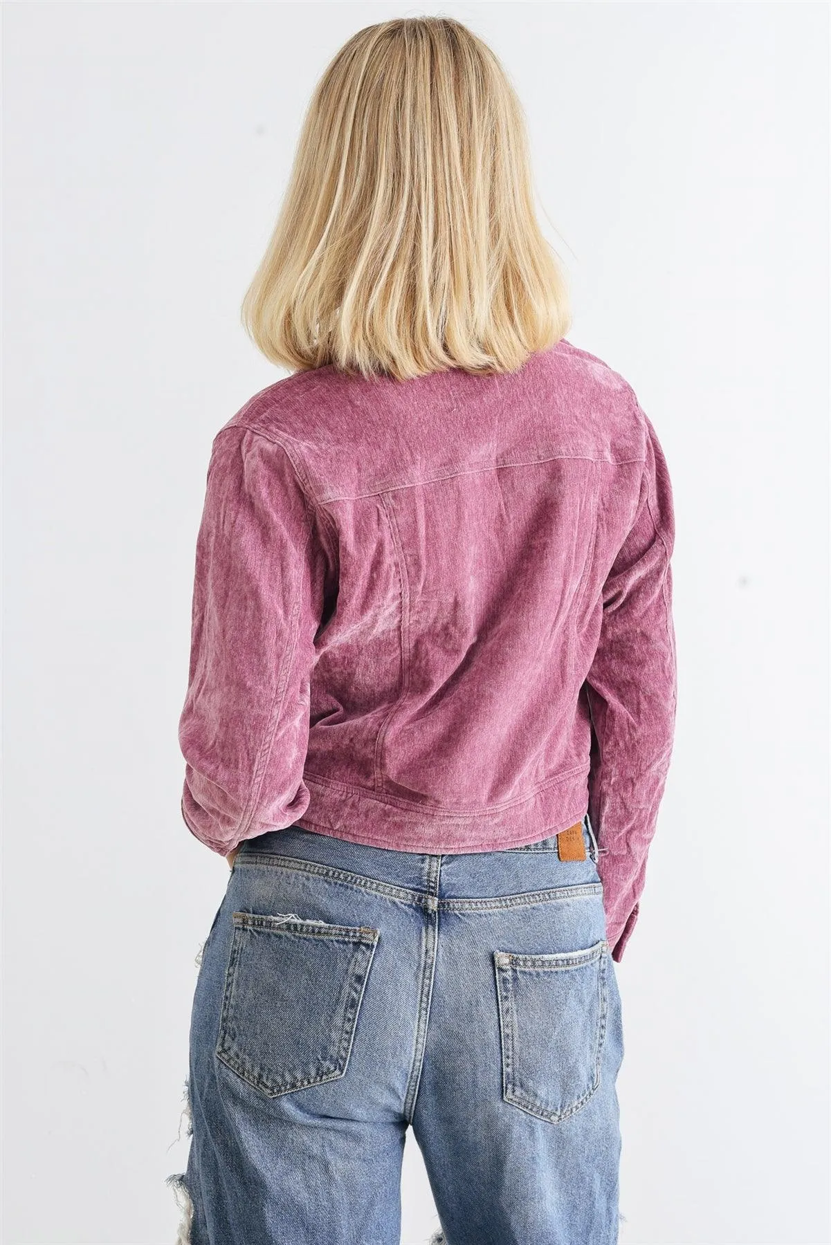 Mauve Velvet Button-Up Collared Neck Four Pocket Long Sleeve Jacket /1-2-2-1