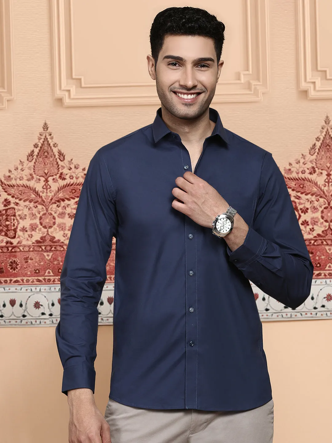 Men Cotton Spandex Shirt 2 Way Stretch Navy LY4