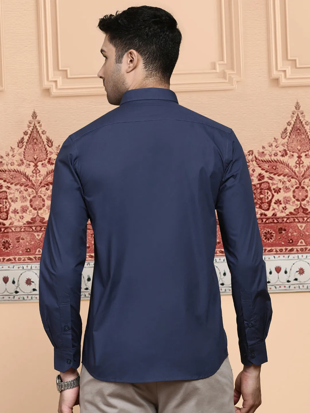 Men Cotton Spandex Shirt 2 Way Stretch Navy LY4