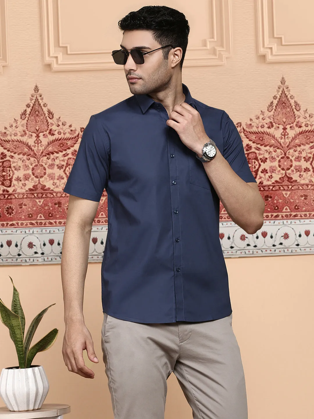 Men Cotton Spandex Shirt 2 Way Stretch Navy LY4