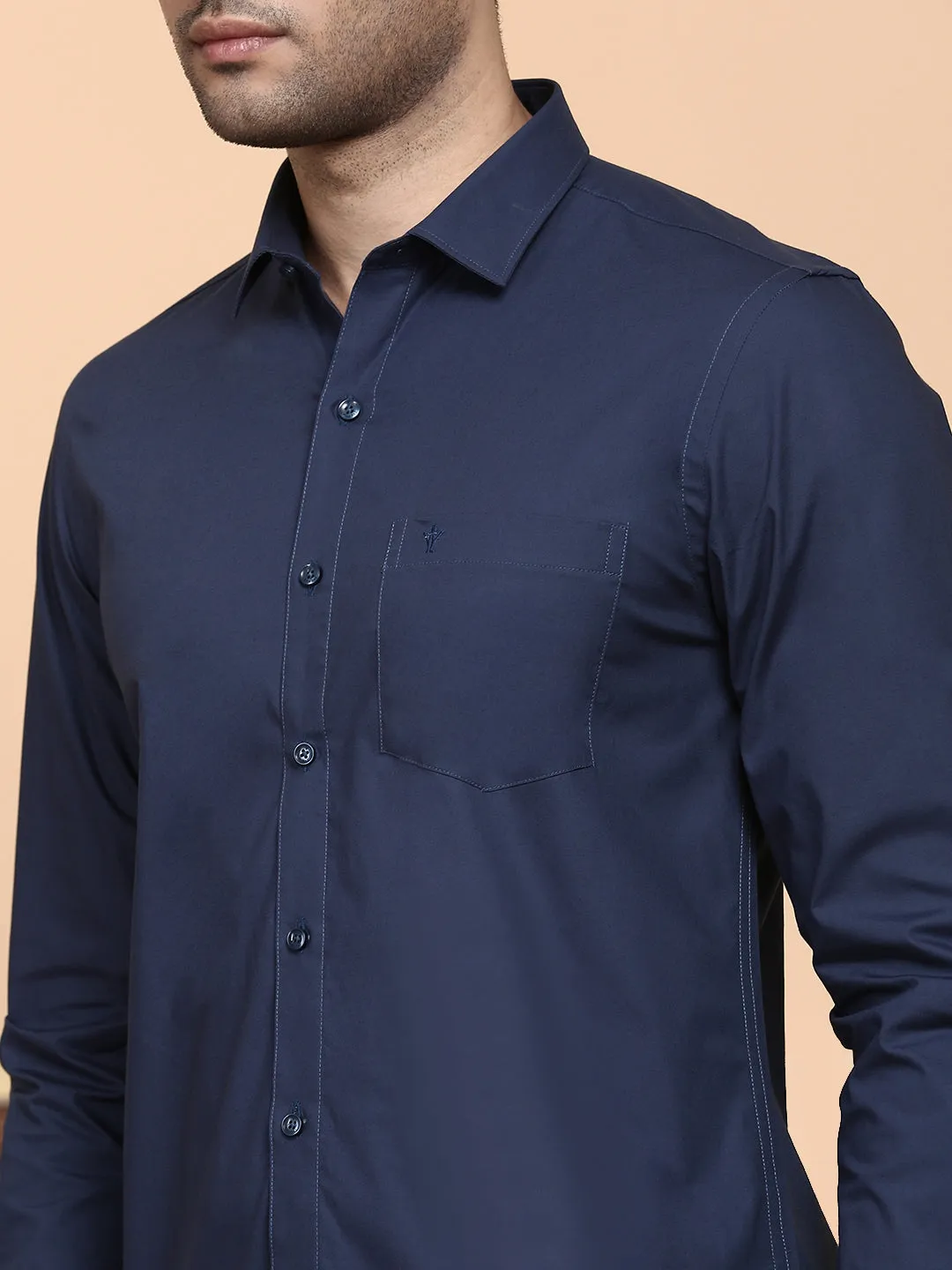 Men Cotton Spandex Shirt 2 Way Stretch Navy LY4