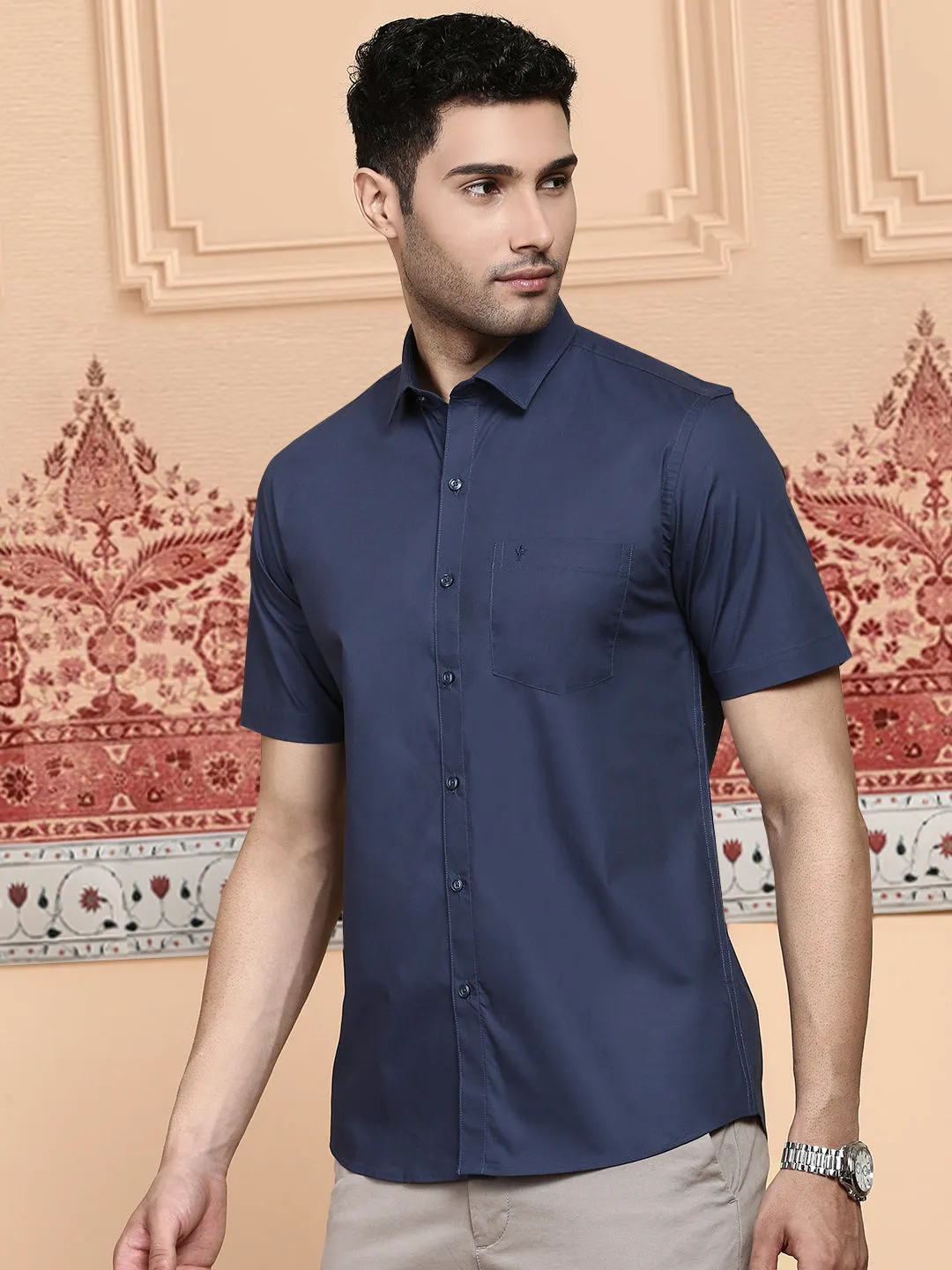 Men Cotton Spandex Shirt 2 Way Stretch Navy LY4