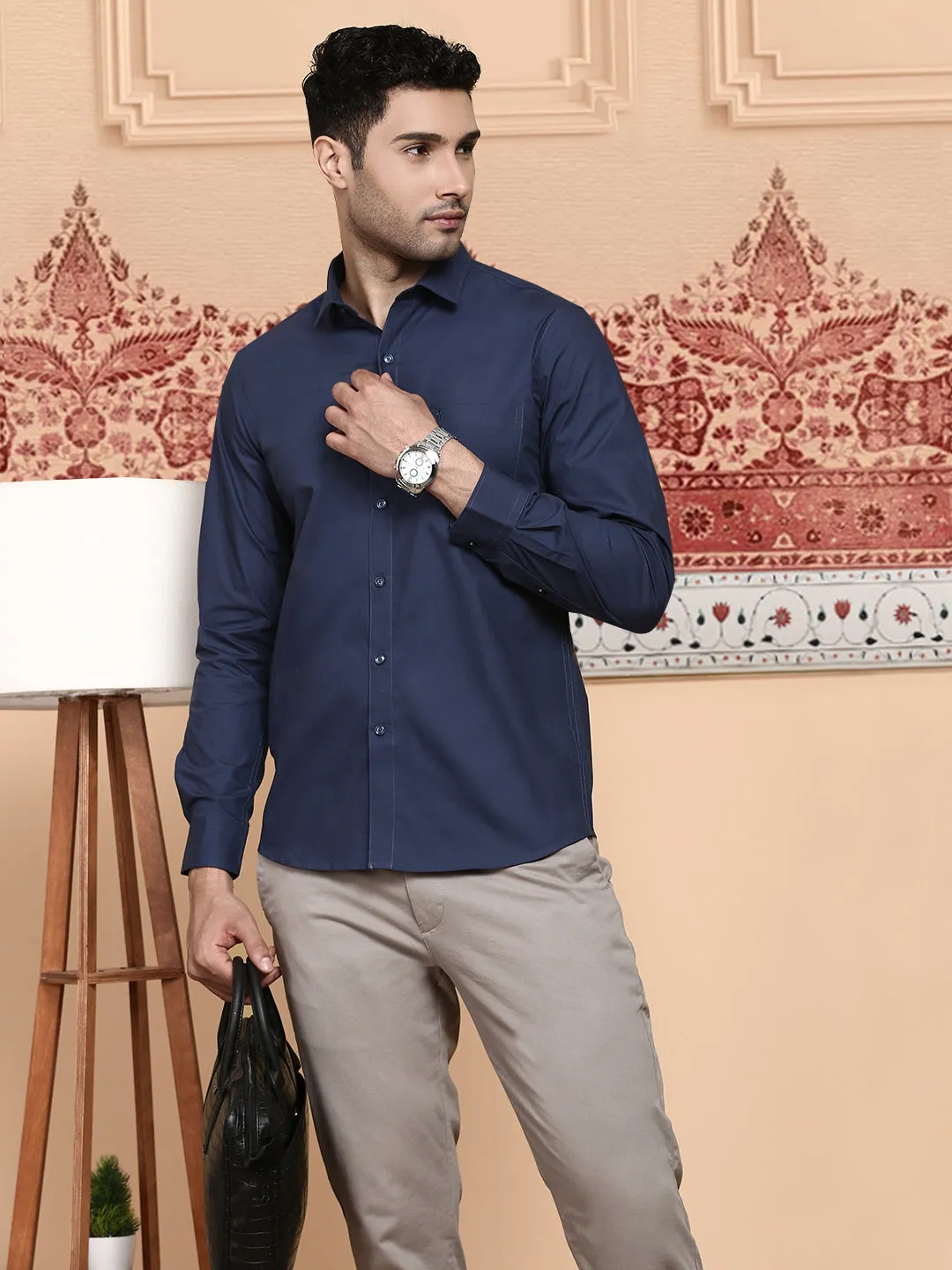 Men Cotton Spandex Shirt 2 Way Stretch Navy LY4