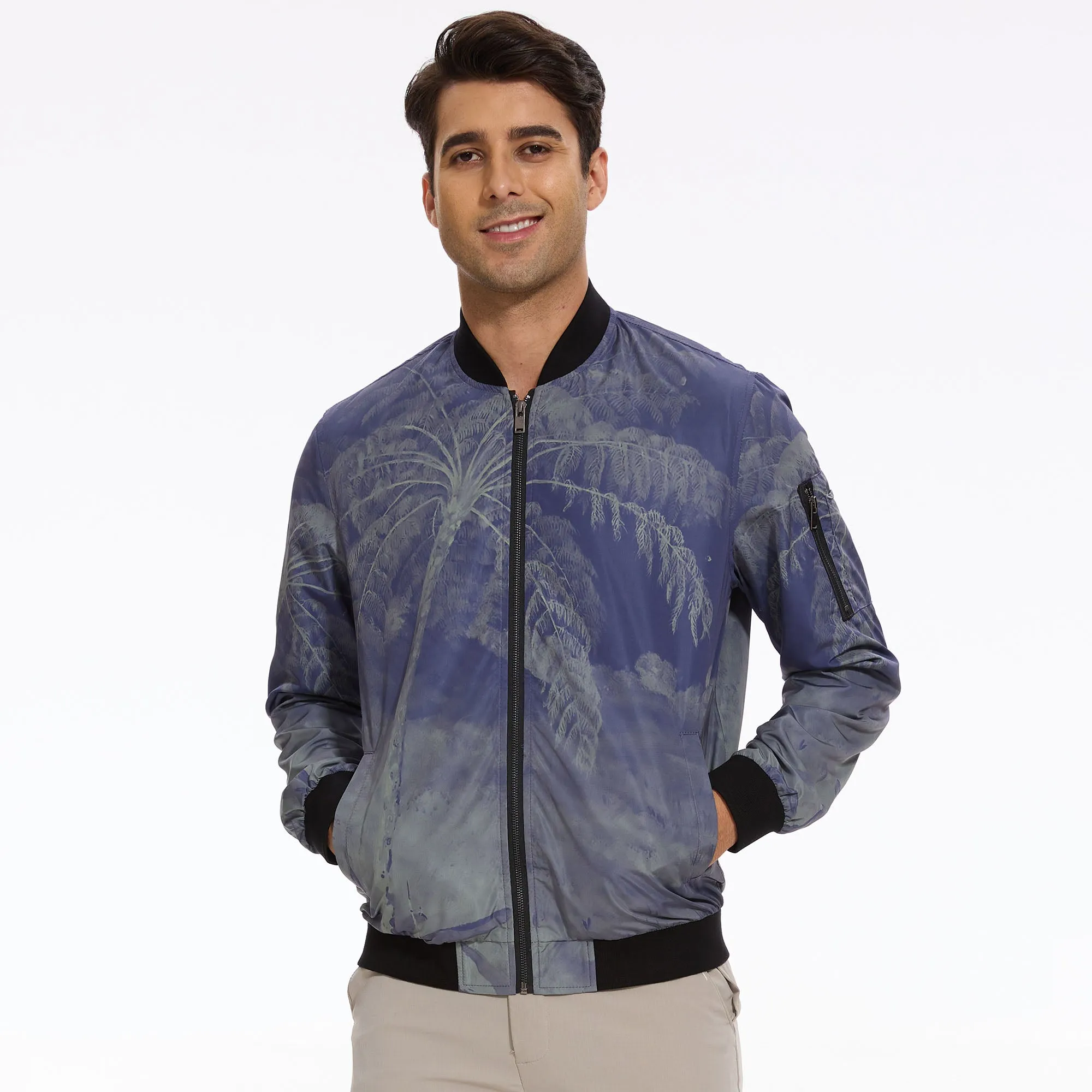 Navy Palm Breeze Men's Bomber Jacket with Zipper Pocket