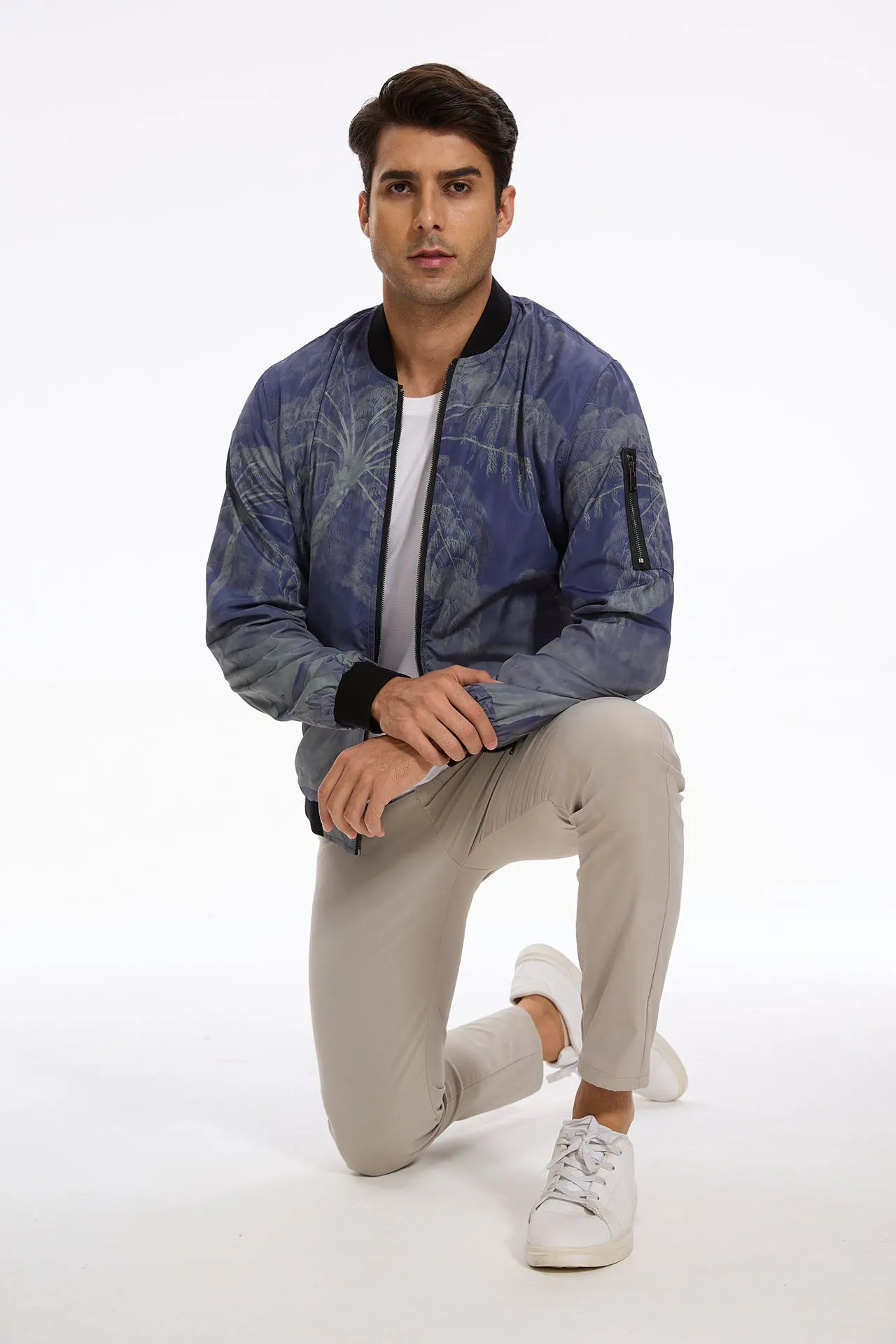 Navy Palm Breeze Men's Bomber Jacket with Zipper Pocket