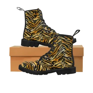 Orange Tiger Stripe Men's Boots, Animal Print Premium Hiking Winter Boots (US Size: 7-10.5)