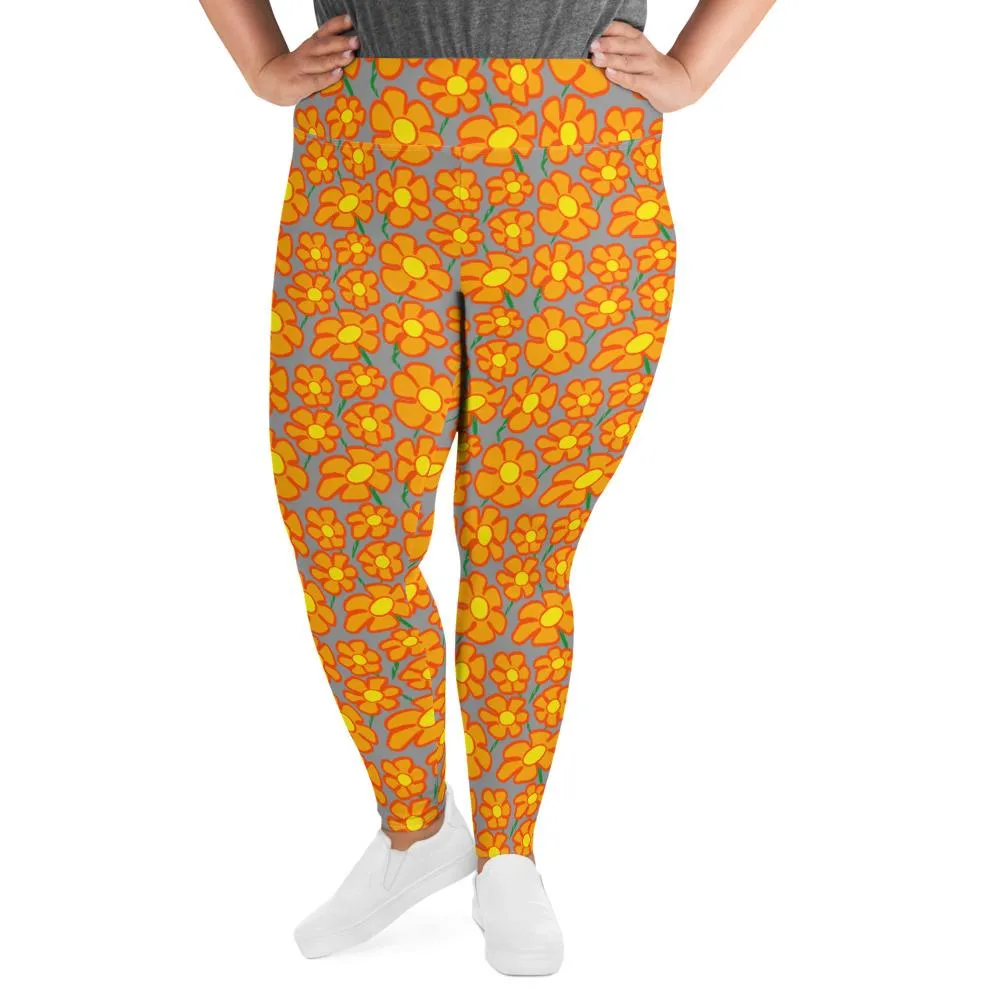 Orangeflower Pattern on Med Gray - AOP Plus Size Leggings