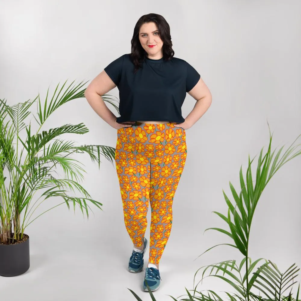 Orangeflower Pattern on Med Gray - AOP Plus Size Leggings