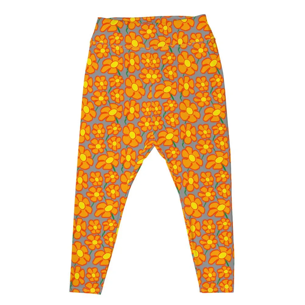 Orangeflower Pattern on Med Gray - AOP Plus Size Leggings