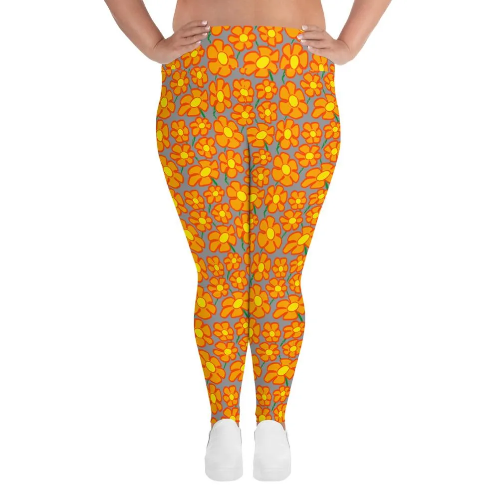 Orangeflower Pattern on Med Gray - AOP Plus Size Leggings