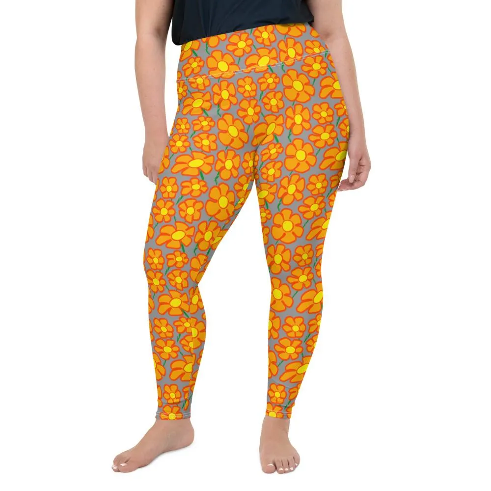 Orangeflower Pattern on Med Gray - AOP Plus Size Leggings