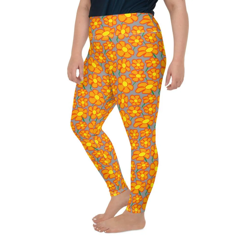 Orangeflower Pattern on Med Gray - AOP Plus Size Leggings