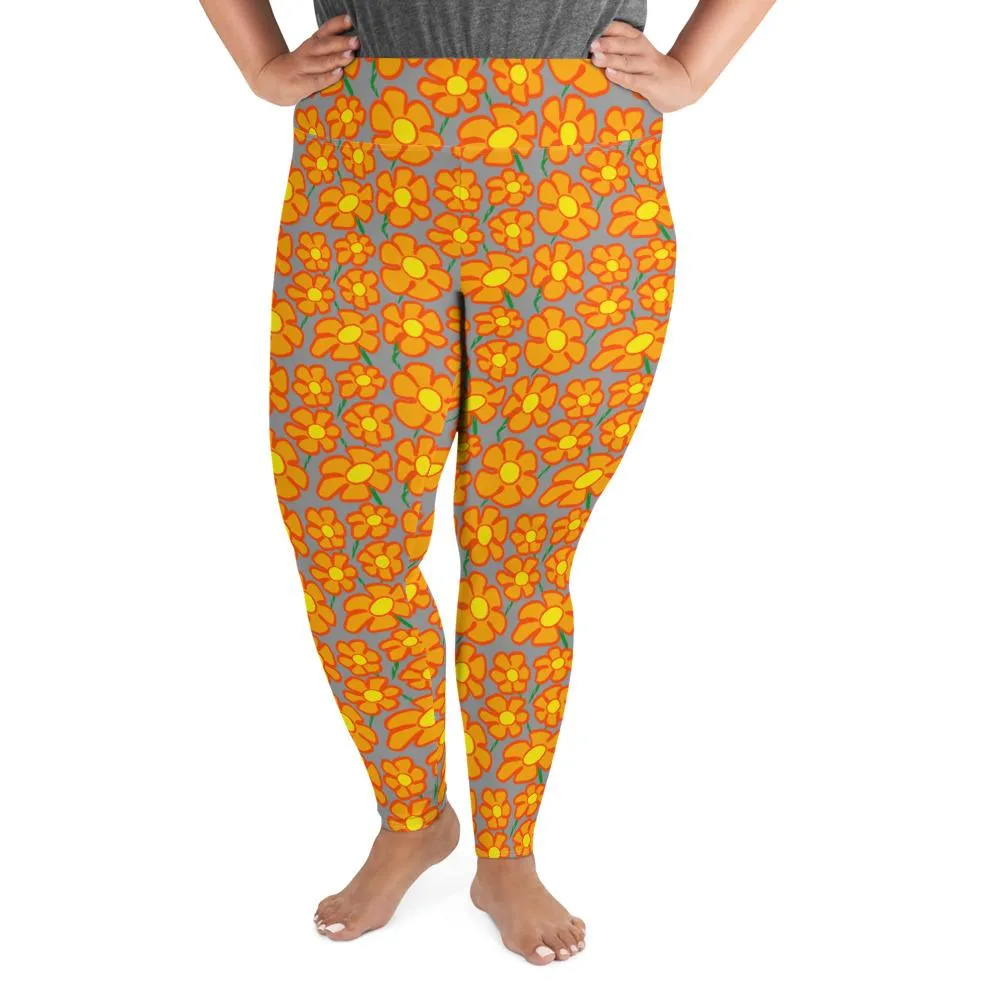 Orangeflower Pattern on Med Gray - AOP Plus Size Leggings