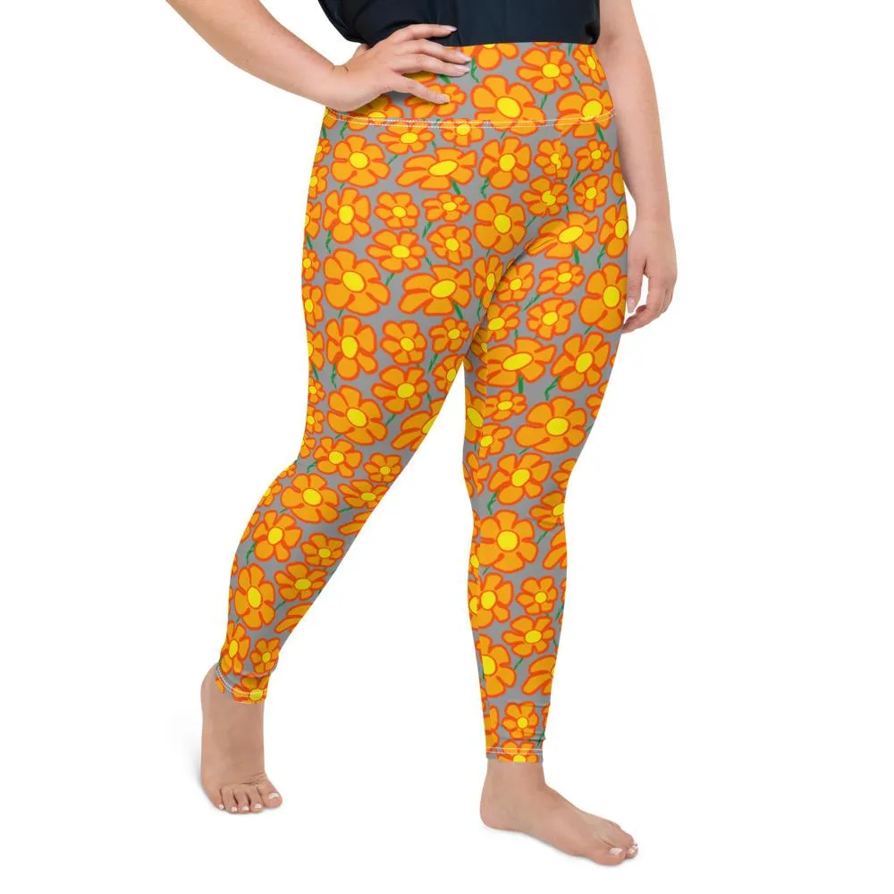 Orangeflower Pattern on Med Gray - AOP Plus Size Leggings