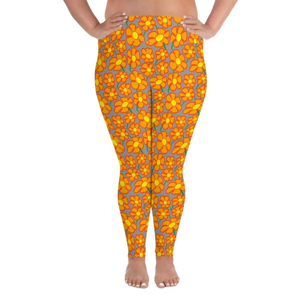 Orangeflower Pattern on Med Gray - AOP Plus Size Leggings