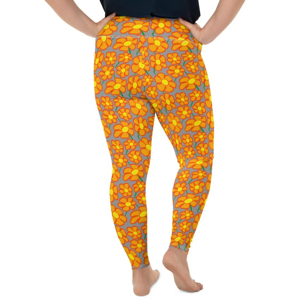 Orangeflower Pattern on Med Gray - AOP Plus Size Leggings