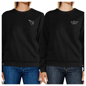 Origami Plane And Boat BFF Matching Black Sweatshirts