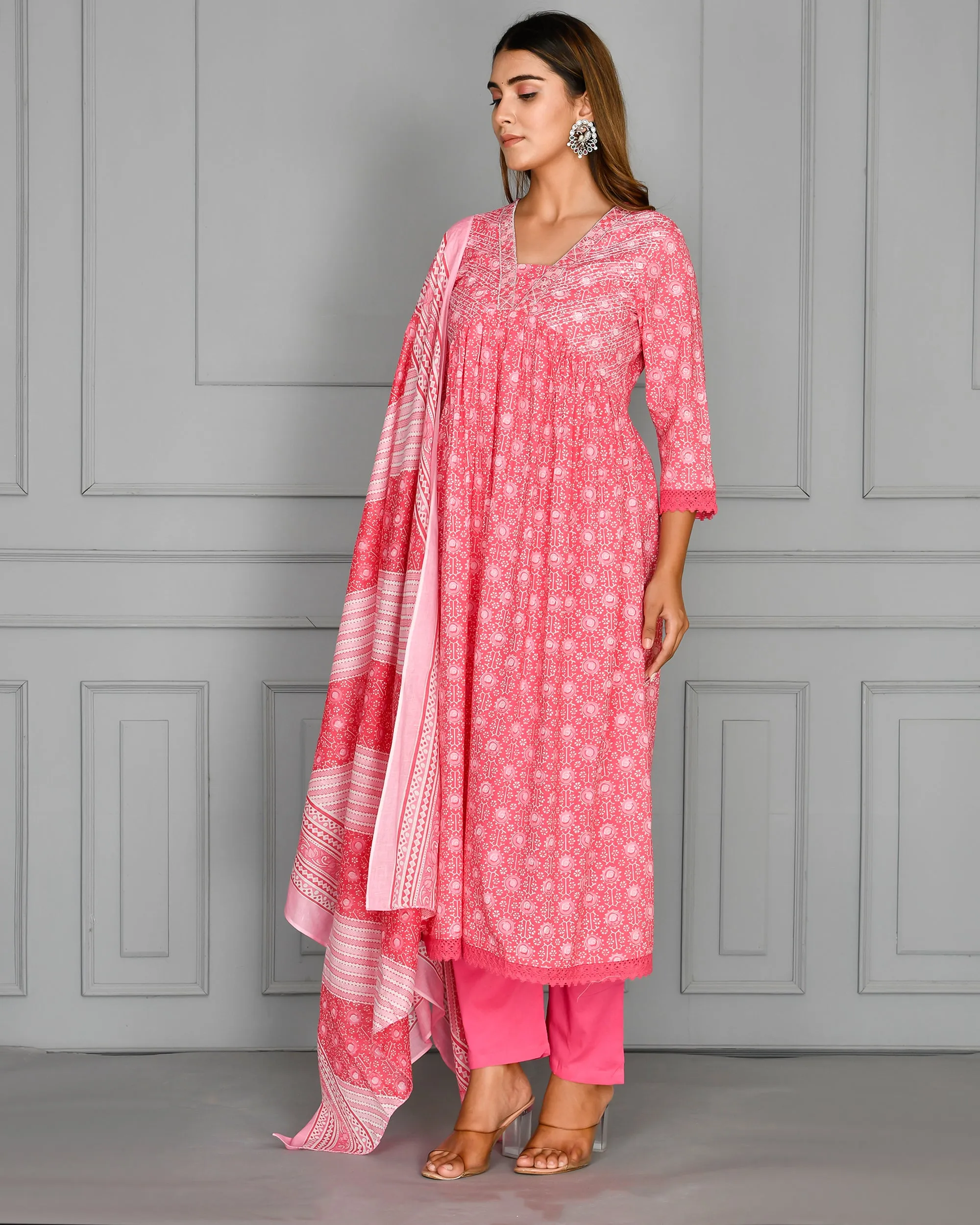 Pink Cotton Alia Cut Embroidered Anarkali Set